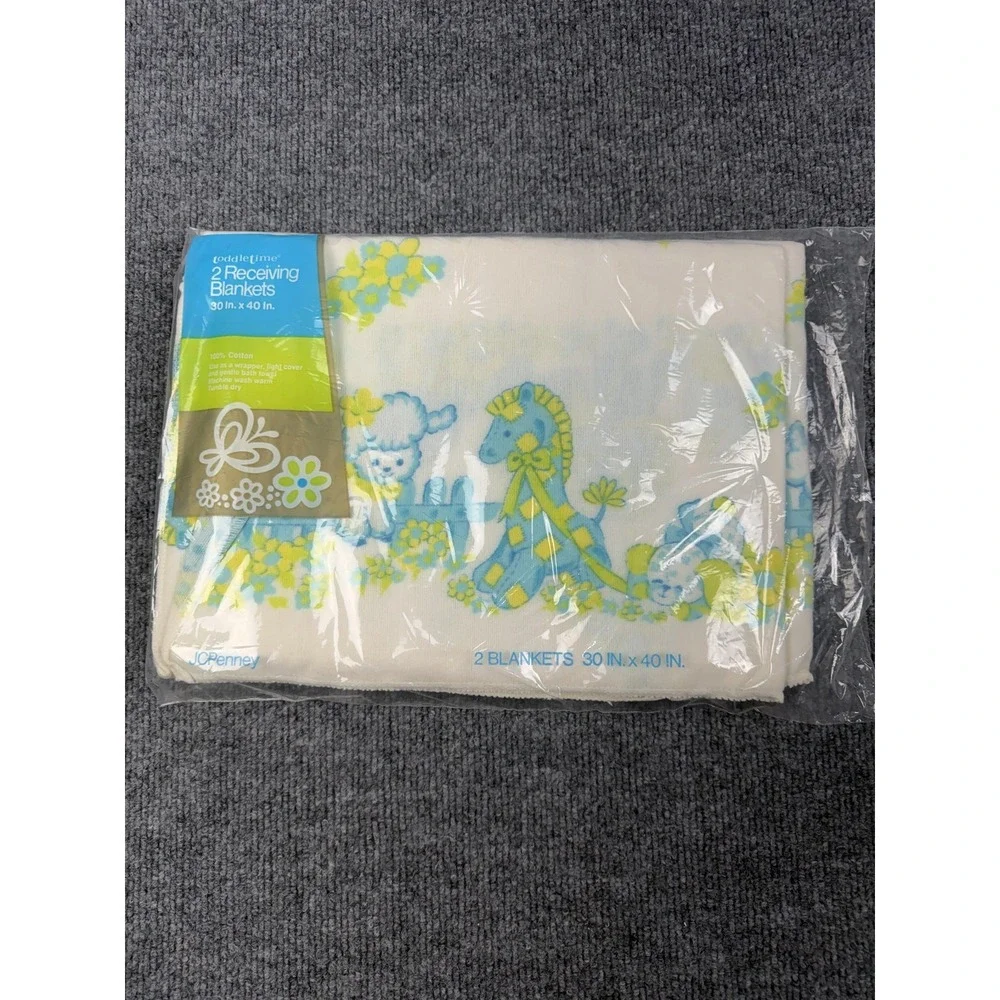 Vintage JCPenney Toddletime Lamb Receiving Blankets 2 Pack White Cotton 30x40